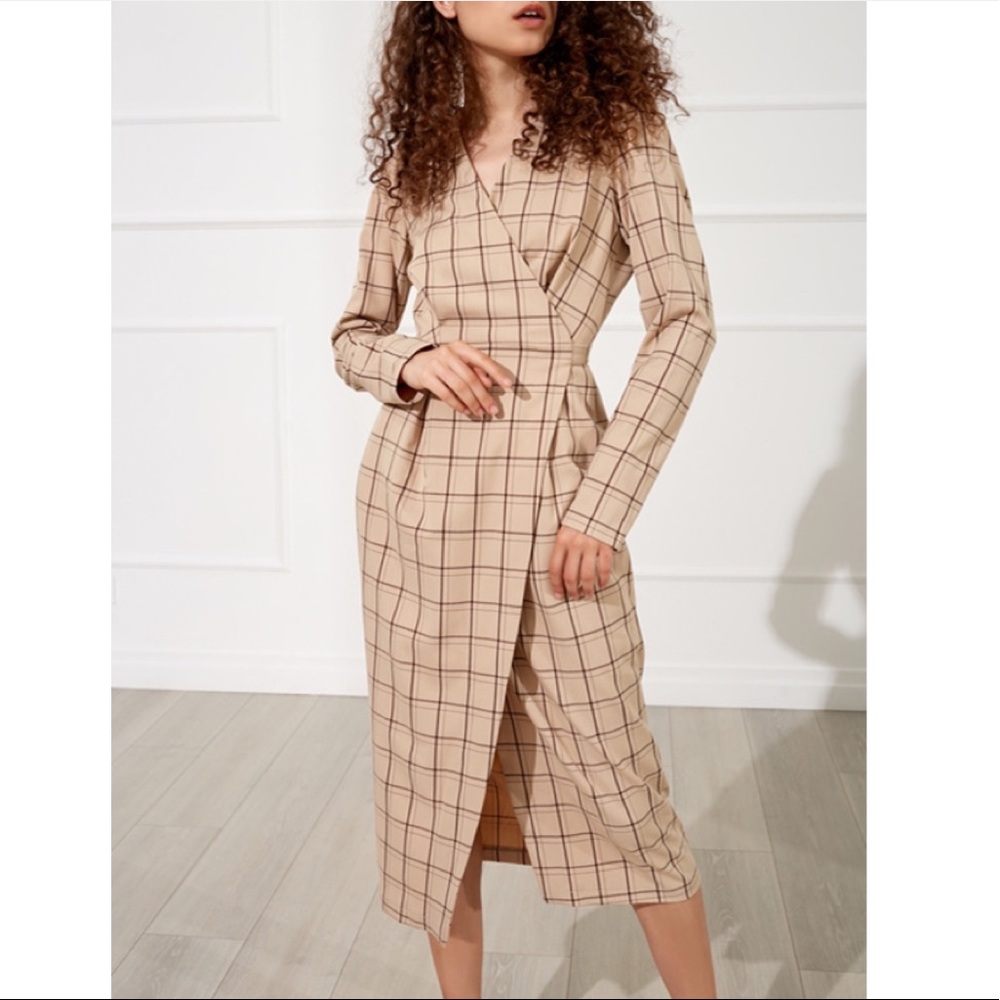 Toptop Wool Blend Faux Wrap Check Dress S Beige